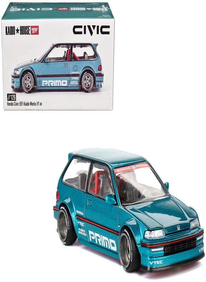 Mini GT Models True Scale Miniatures Model Car Compatible with Honda Civic (EF) Kaido Works V1 Tahitian Green Limited Edition 1/64 Diecast Model Car Kaido House KHMG126 - Image 1